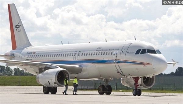 Ein Foto von einem Airbus A320 des DLR mit dem elektrischen Radnabenantrieb von Codronic auf dem Flughafen Hamburg. 