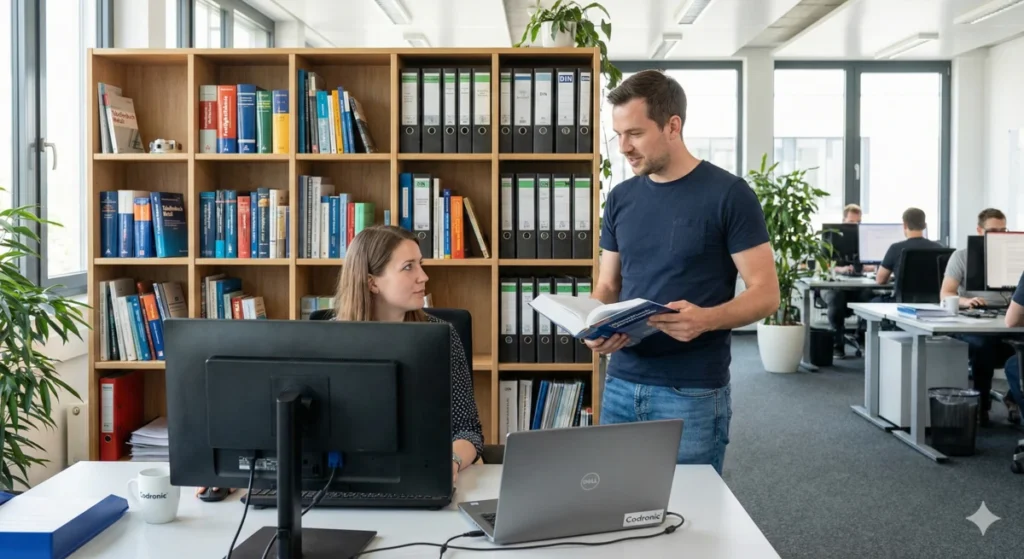 Ingenieure von Codronic besprechen technische Details am Schreibtisch vor einem Regal mit Fachliteratur und DIN-Normen, visualisiert die Verbindung von Engineering-Know-how und technischer Dokumentation.