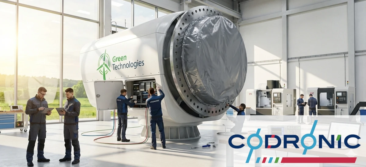 Techniker arbeiten an einer Windkraftanlagen-Gondel mit „Green Technologies“-Logo in einer modernen, lichtdurchfluteten Produktionshalle für erneuerbare Energien.